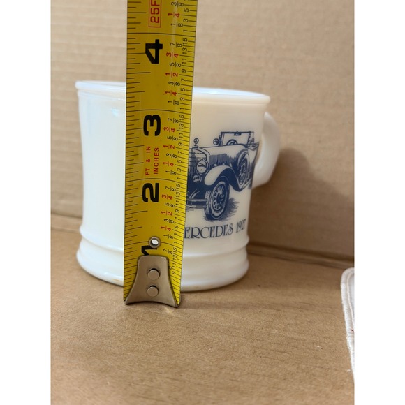 Surrey Milk Glass Coffee Mug 1927 Mercedes Blue Graphic Made in USA - Picture 5 of 6